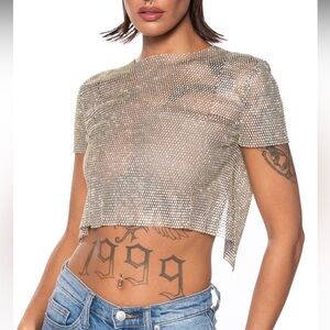 AKIRA OPEN BACK RHINESTONE MESH TOP IN CHAMPAGNE GOLD